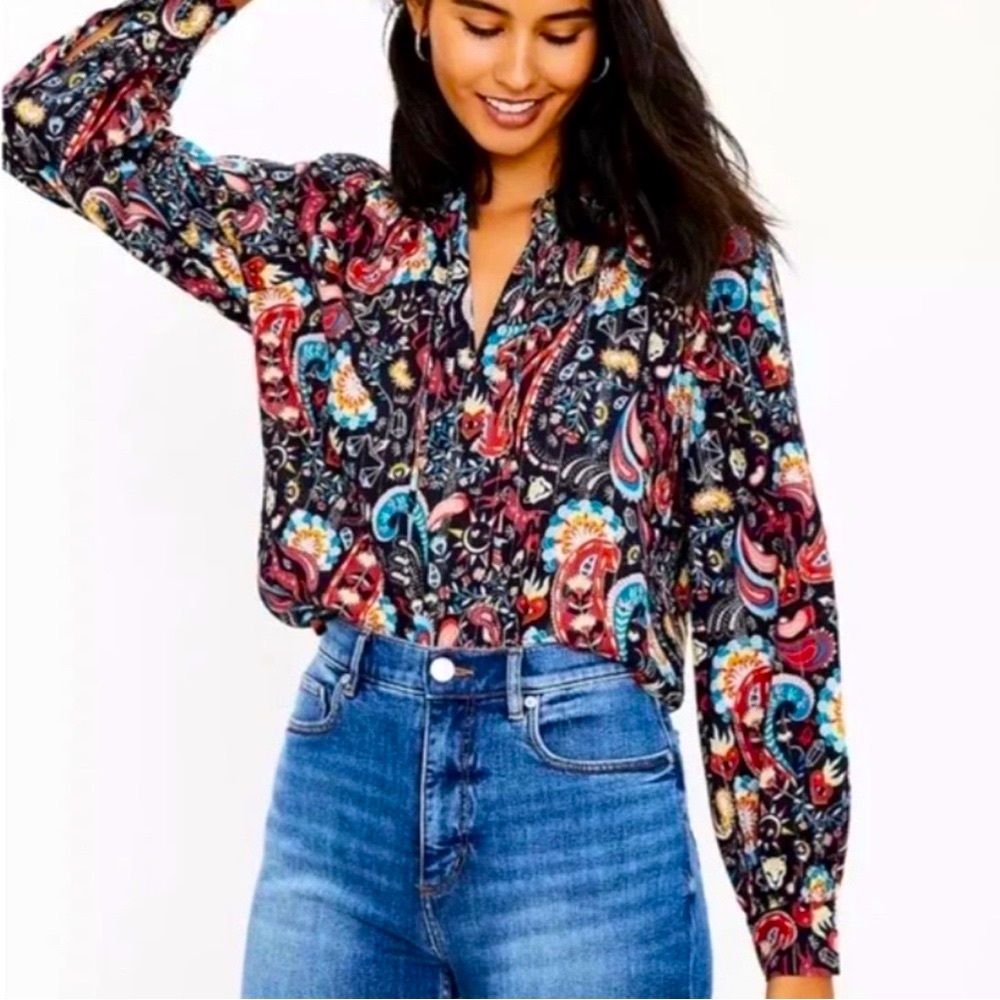 LOFT Colorful Shimmer Paisley Print Top